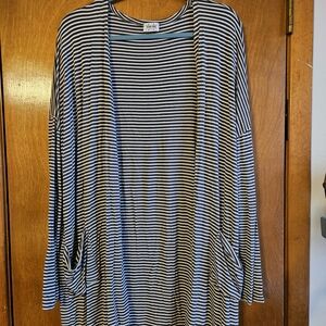 Striped Open-Front Cardigan Sweater - Sage Green & White